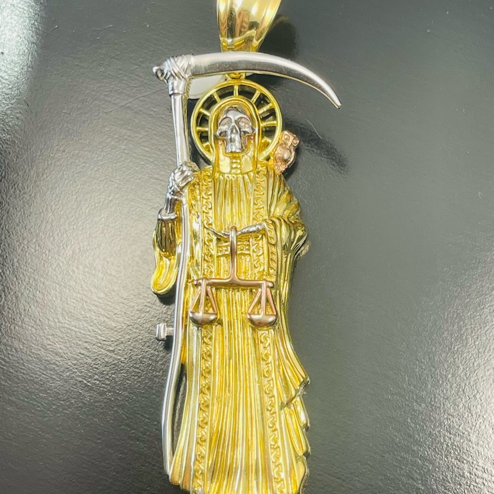 Sterling silver 925 large Santa muerte pendant 18 k gold overlay
